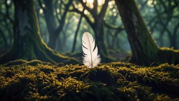 Feather on Mossy Forest Floor with Sunlight Filtering Through Trees photo
