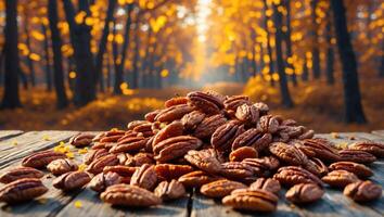 Pile of Pecan Nuts on a Wooden Table with Autumnal Background photo