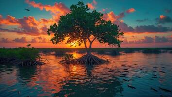 Tree in Water at Sunset with Reflections and a Flock of Fish photo