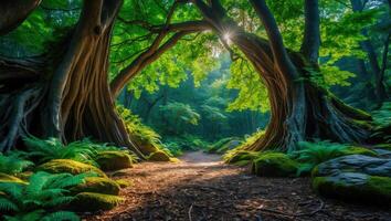 Walking Path Through Lush Green Forest with Sunlight Breaking Through photo