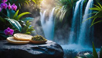 Food Presentation by Waterfall Featuring Arepas with Guacamole Style Topping photo