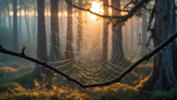 Spiderweb Covered in Dew Drops Hanging in a Misty Forest photo