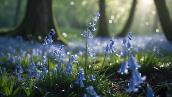 Blooming Bluebell Flowers in Forest with Sunlit Background Landscape photo