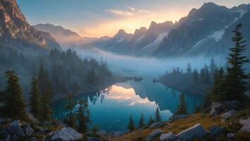 Calm Mountain Lake Reflecting Sky in Foggy Landscape View photo
