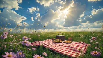 Picnic in Flower Meadow with Food Basket and Sunny Sky photo