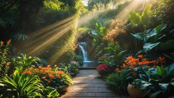 Waterfall Shines Through Lush Garden with Flowers and Greenery Path photo