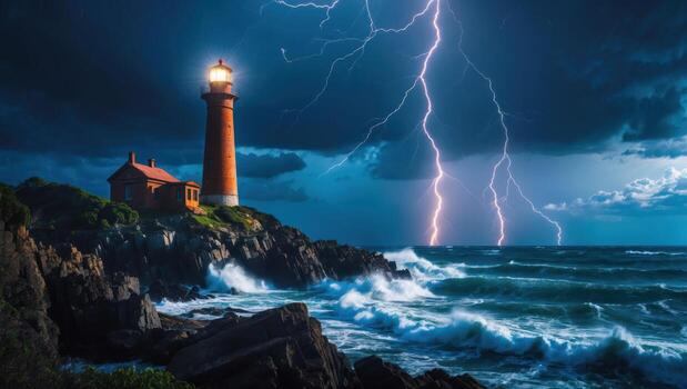 Lighthouse on Rocky Coastline with Lightning Storm and Crashing Waves photo