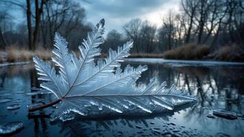 Frozen Leaf Floating on Cold Water in a Winter Scene photo