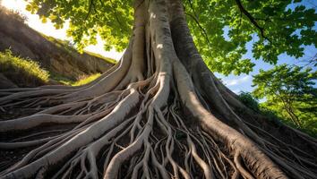 Giant Tree Roots Spreading Across Forest Floor with Sunlight Through Leaves photo