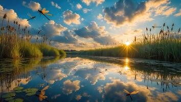 Dragonflies Flying Over Calm River with Sky Reflection at Sunset photo
