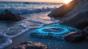 Glowing Circle on Beach Waves at Sunset Creating Dreamy Coastal Scene photo