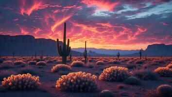 Dramatic Desert Landscape with Cactus at Sunset Featuring Colorful Sky photo