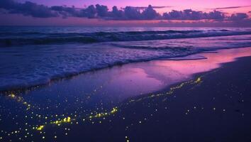 Glowing Bioluminescent Organisms on Beach at Dusk with Colorful Sky photo