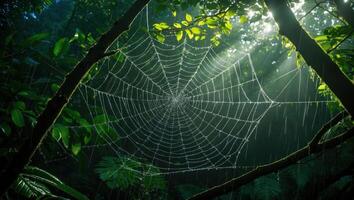 Spiderweb Hanging in Forest with Rain and Sun Shining Through photo