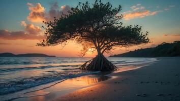 Lone Tree Standing on Sandy Beach at Sunset with Ocean Waves photo