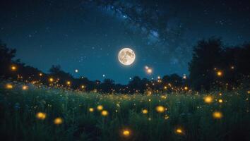 Glowing Fireflies at Night with Milky Way and Full Moon photo