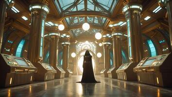 Woman Standing in Futuristic Hallway with Columns and Glowing Orbs photo