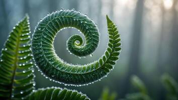 Fern Frond Unfurling with Water Droplets in a Serene Forest Setting photo