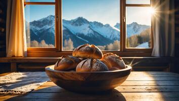 Rustic Bread Bowl by Window with Mountain View for Breakfast photo