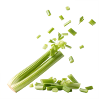 Fresh Celery Stalks Falling and Sliced, Studio Shot Transparent Background png