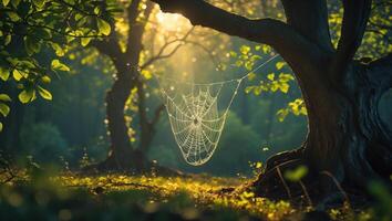 Spiderweb Hanging Between Trees in Forest with Sunlight Streaming Through photo