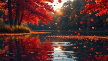 Falling Autumn Leaves Reflecting in Lake Water with Forest Background photo