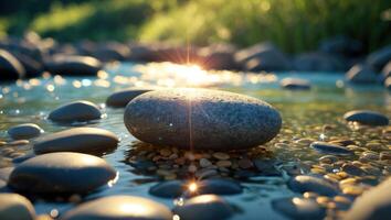 River Stones in Shallow Water Sparkle with Sunlight Reflection photo