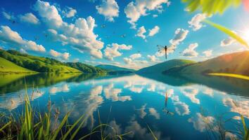 Calm Lake Reflecting Cloudy Sky with Dragonflies and Grass photo