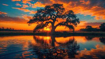 Tranquil Lake Scene with Tree Silhouette Reflecting Colorful Sunset Sky photo