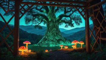 Glowing Tree and Mushrooms Scene in a Forest Setting at Night photo