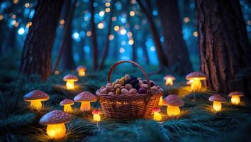 Glowing Mushrooms and Basket of Nuts in Enchanted Woodland Scene photo