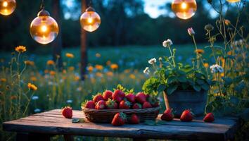 Strawberries on Wooden Table with String Lights in Garden Setting photo