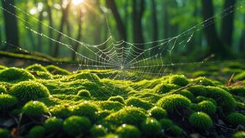 Spider Web on Moss in Forest with Sun Rays Shining Through photo