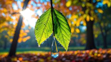 Leaf with Water Droplets in an Autumn Park Reflecting Foliage photo
