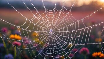 Spiderweb with Dew Drops Shines in Sunlight Over a Field of Flowers photo
