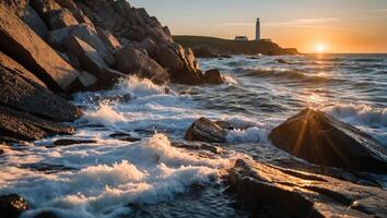 Ocean Waves Crashing on Rocky Shoreline at Sunset with Lighthouse View photo