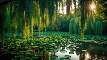 Lily Pads Floating on Pond Under Weeping Willow Trees at Sunset photo