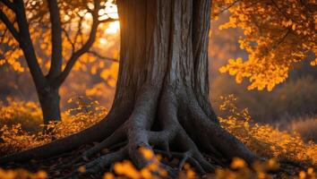 Autumnal Tree Roots and Golden Leaves Illuminated by Soft Sunlight photo