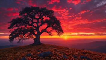Solitary Tree Silhouetted Against a Vibrant Sunset Sky on Hilltop photo