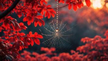 Spiderweb with Water Droplets Hanging Between Red Fall Foliage photo