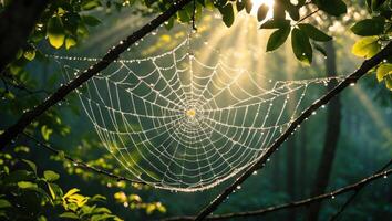 Spiderweb in Forest at Sunrise with Dewdrops and Light Rays photo