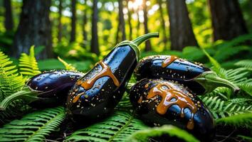 Eggplant with Caramel Drizzle Resting on Ferns in Forest Sunlight photo