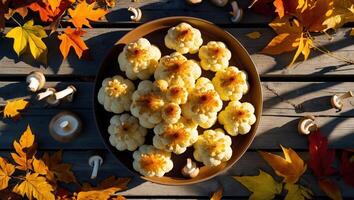 Serving Cauliflower Florets on Plate with Mushrooms and Autumn Leaves photo