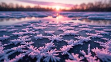 Frozen Lake Ice Crystals at Sunset Creates Beautiful Winter Scenery photo