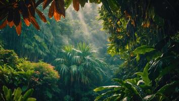 Rain Falling in Lush Green Jungle with Sun Rays Shining Through photo