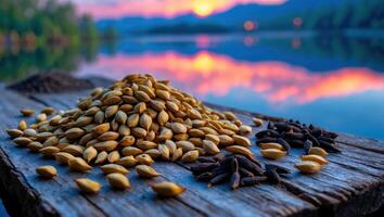 Pile of Seeds on Wooden Surface with Lake and Sunset View photo