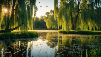 Willow Trees Reflecting in Calm Lake at Sunrise Serene Nature Scene photo