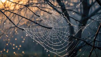 Spiderweb with Dew Drops on Tree Branches at Golden Hour photo