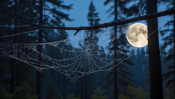 Spiderweb Hanging From Branch with Full Moon in Forest at Night photo