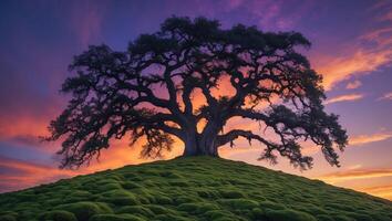 Majestic Tree Silhouetted Against Colorful Sunset Sky on Mossy Hill photo